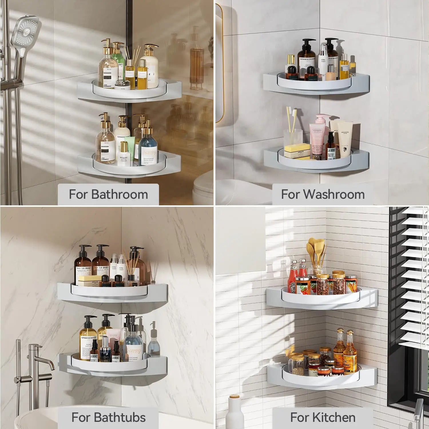 Rotating shelf corner can be used for bathroom, washroom, bathtubs, and kitchen