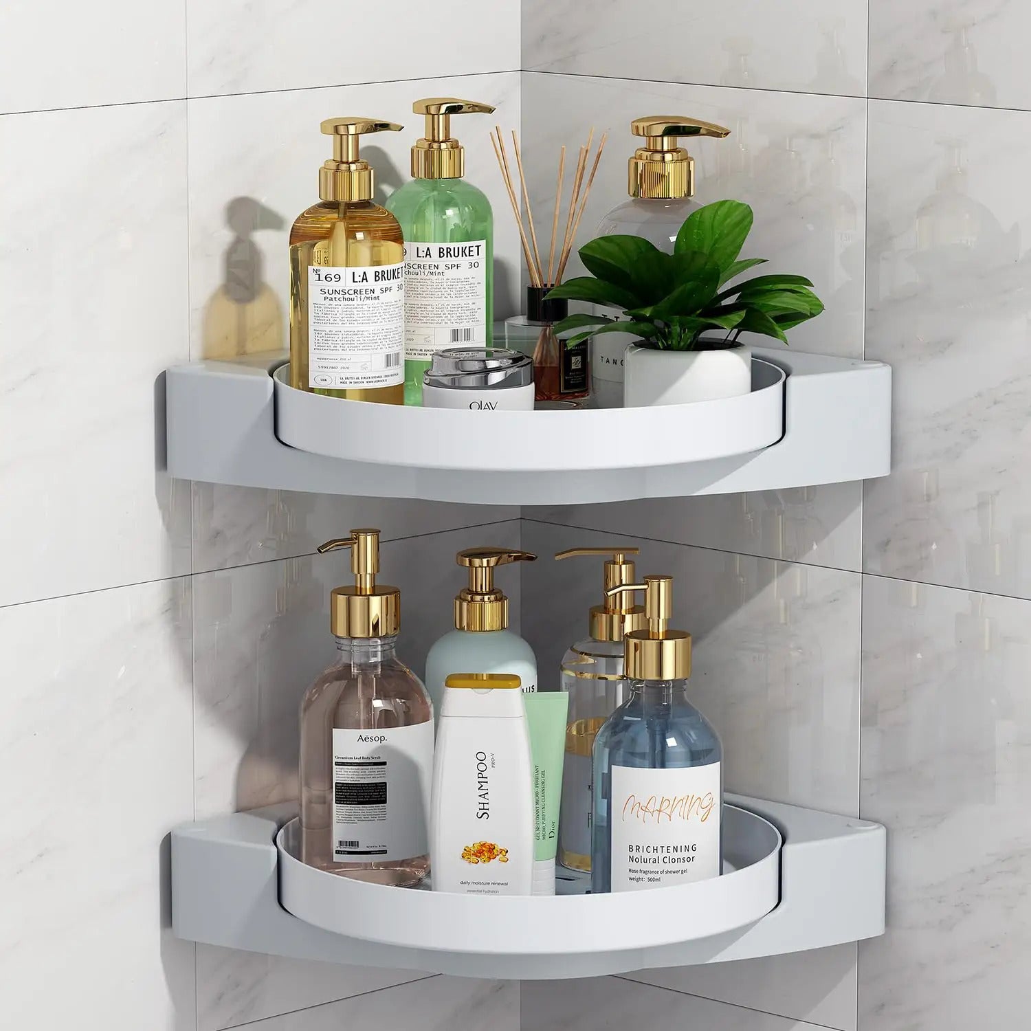 Shower shelf corner that rotates